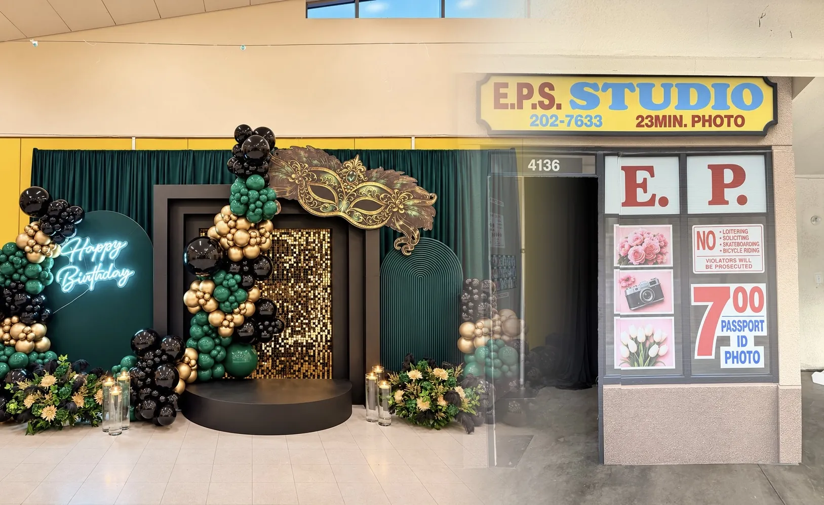 Masquerade balloon backdrop next to a storefront prop