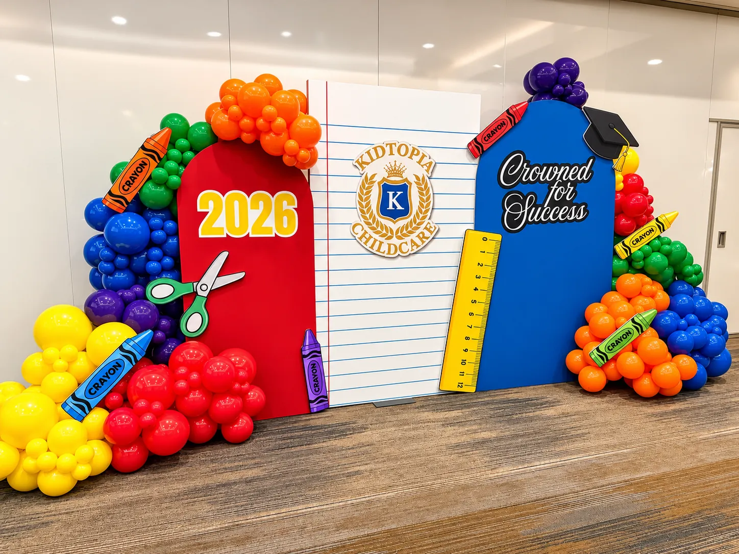 Kidtopia 'Crowned for Success' graduation backdrop with crayon panels