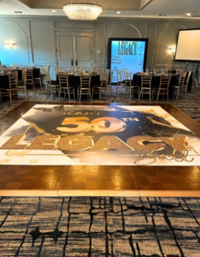 Legacy 50th printed floor decal in a banquet hall